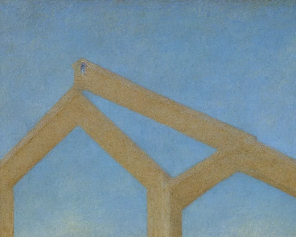 Prompt: achingly beautiful close up painting of a triangular roman pediment on baby blue background by rene magritte, monet, and turner. piranesi.