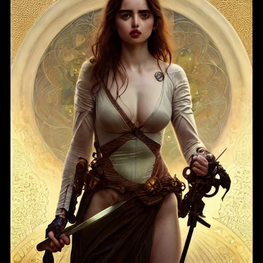 Prompt: ana de armas with sword and potions drawn by Donato Giancola and Tom Bagshaw, face by Artgerm, overall design by Alphonse Mucha, background by James Jean and Gustav Klimt, light by Julie Bell, 4k, porcelain skin, komorebi, french nouveau, trending on artstation, octane render, hyperrealistic