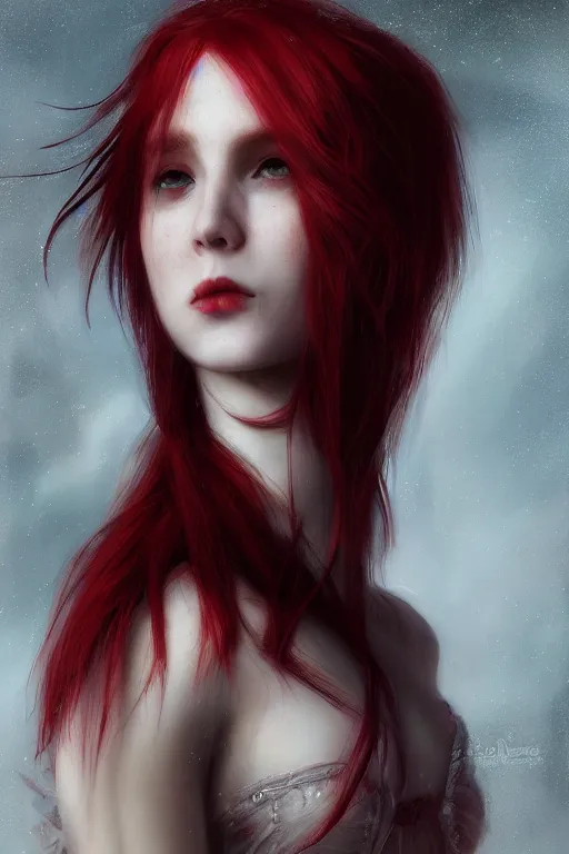 Prompt: extreme close up red haired vampire character portrait, beautiful face, cinematic lighting, hyper - detailed, cgsociety, 8 k, high resolution, in the style of charlie bowater, tom bagshaw, single face, symmetrical, headshot photograph, insanely detailed and intricate, cinematic, portrait, raphaelite, headroom, artstation, pierre - auguste renoir