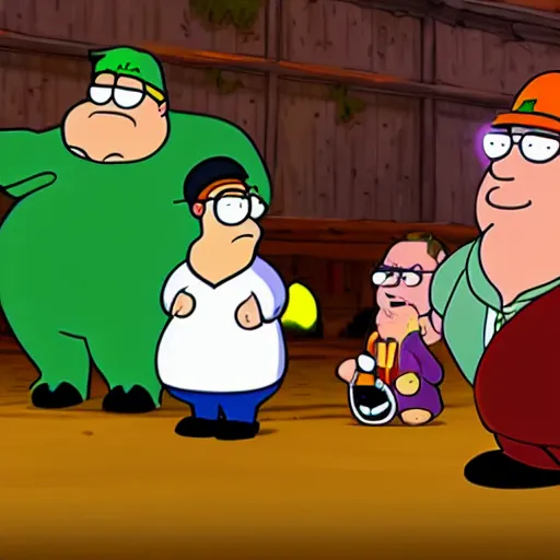 Image similar to Peter Griffin meets the famous Twitch stream Vinesauce Vinny and Vinesauce Joel, Real Event, Historical Event, Realistic, HDR, Clear Image,