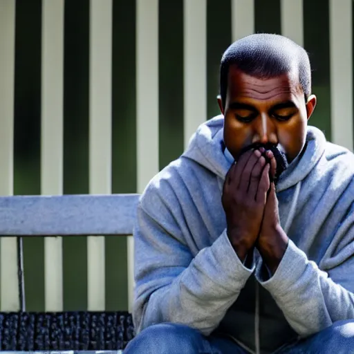 Image similar to dslr photo still of sad kanye west sitting on a park bench with a tear on his cheek, 8 k, 1 1 0 mm f 1 6