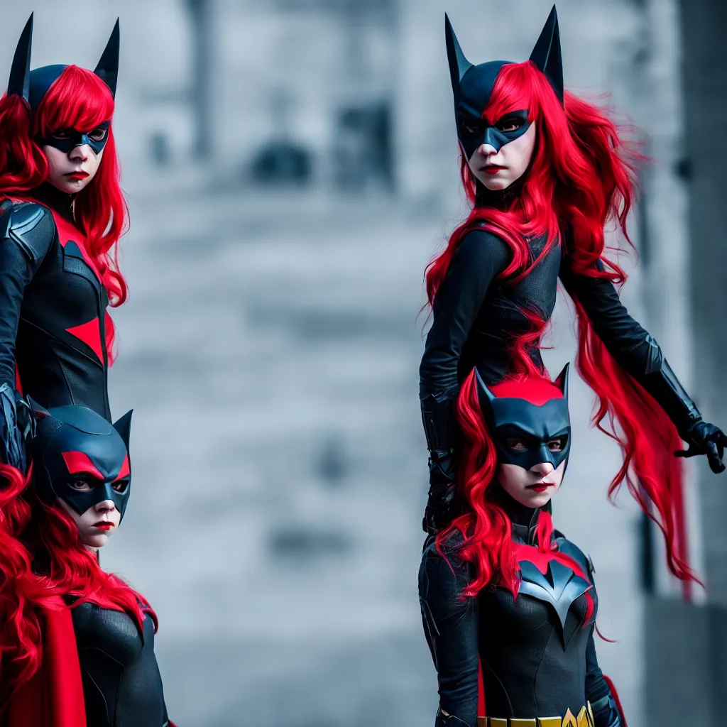 Prompt: high quality photo of a cosplaying Anya taylor as batwoman , photography 4k, f1.8 anamorphic, bokeh, 4k, Canon, Nikon