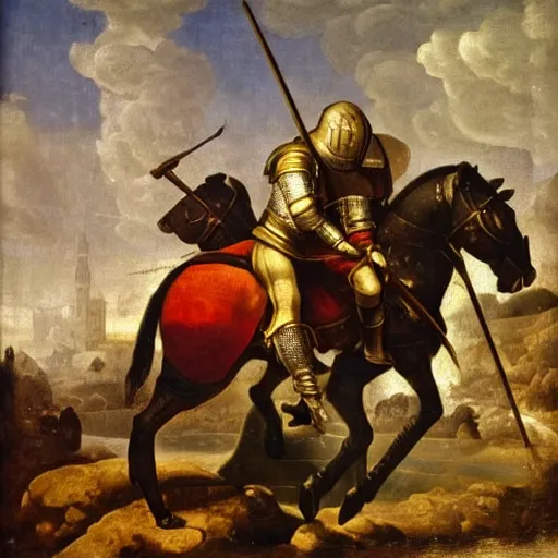 Prompt: a single tired knight returning from the crusades, baroque