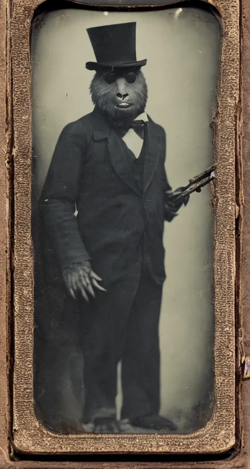 Prompt: a vintage tintype portrait of a dignified bigfoot wearing a top hat and carrying a cane