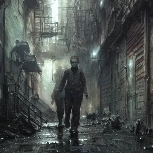 Image similar to sadie sink runs desperately | a mechanical monstrosity chases sadie sink | alleyway near decaying tenements. concept art for scifi dystopian film. by nikolay makovsky, bob byerley, wadim kashin, andrea kowch. cinematic moody atmosphere, detailed and intricate, perfect anatomy