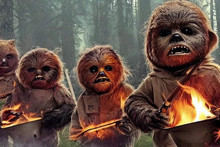 Prompt: ewoks rioting in front of a government building, flaming torches and pitchforks - n 6