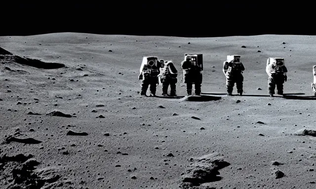 Image similar to astronauts standing on a hill on the moon dramatic harsh lighting lander in the far distance Doug Chiang Marc Gabbana earth in the far distance Anamorphic Cinematic Volumetric Lighting Epic Composition