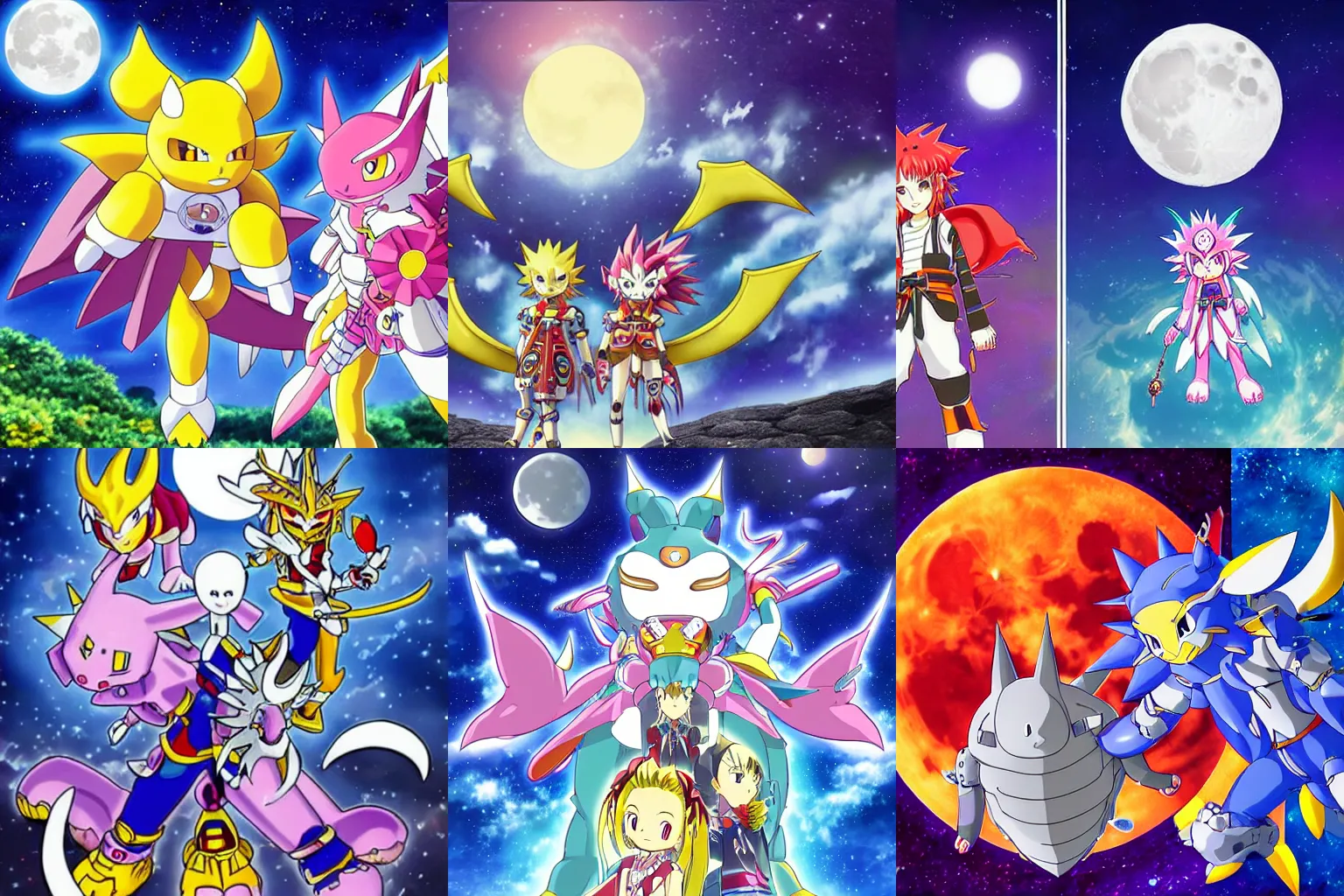 Prompt: sakuyamon and dianamon in front of the moon, night time, moonlight, digimon key art