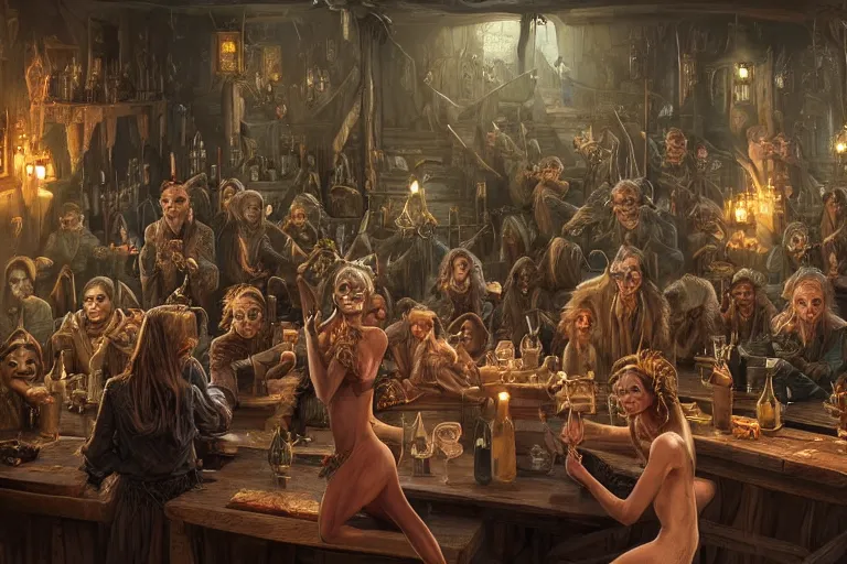 Prompt: Beautiful hyperrealistic detailed matte portrait painting of a 20s fantasy goblin party in ekanite bar that looks like it's from lord of the rings and bazaar by greg rutkowski, andreas rocha and john howe, and Martin Johnson Heade,featured on artstation, ultrawide angle,f16 , golden ratio, f32, well composed, cohesive