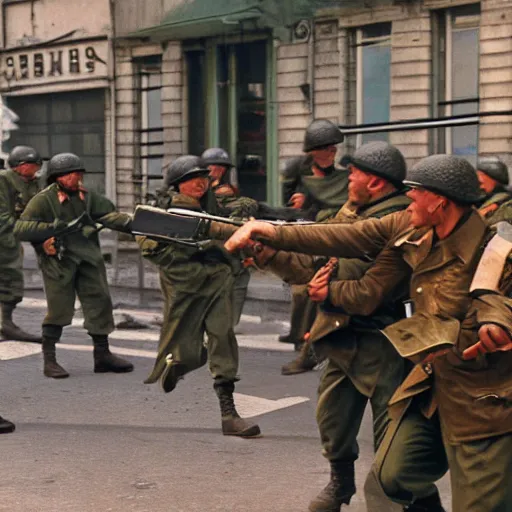 Image similar to fighting on the streets, paris, soviet soldiers against nato soldiers, world war 3, military equipment, image in photorealistic art style, a very high - quality picture taken on camera from the 9 0 s