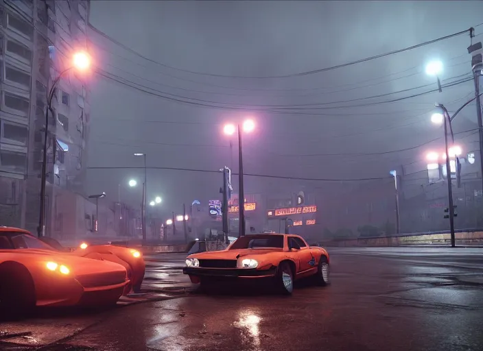 Image similar to gta in moscow, playstation 5 screenshot, mega details, dark night, orange lights, heavy rain, fog, beautiful rtx reflections, brutalism buildings, photorealistic, unreal engine 5, octane render, volumetric light, cg society, 4 k, bokeh, lada car, artstation gediminas pranckevicius