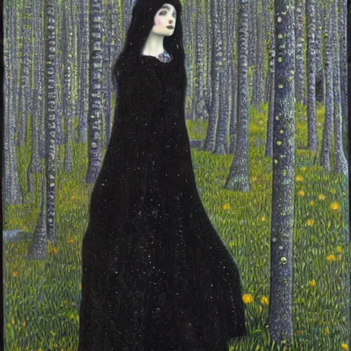 Prompt: Hannah Fierman with beautiful clear defined face and body as a gothic victorian woman clothed in black dress standing in front of a lake near an ominous forest. Junji Ito, Gustav Klimt, sharp focus, HR Giger