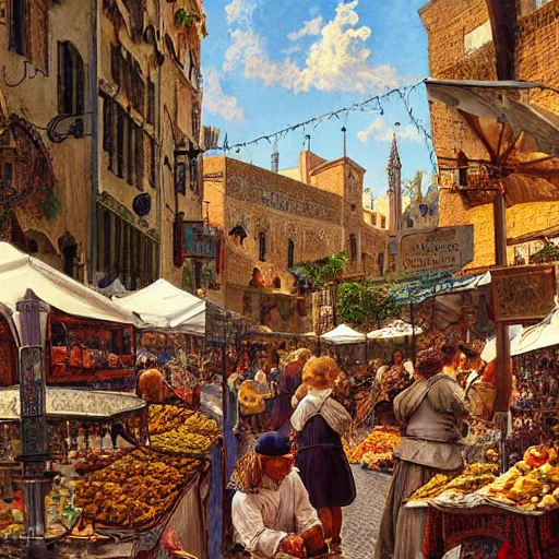 Image similar to a busy medieval Mediterranean street market , beautiful digital art, cinematic composition, detailed, concept art, Matt painting, oil painting, Sigma 24 mm f/8, 1/10 s shutter speed art by Norman Rockwell