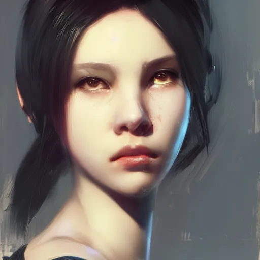 Image similar to a cute girl by ruan jia, closeup headshot, black ponytail, movie style.