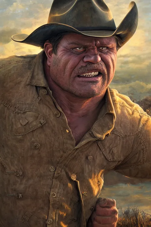 Prompt: !dream hulk wearing a cowboy hat, oil on canvas, intricate, portrait, 8k highly professionally detailed, HDR, CGsociety