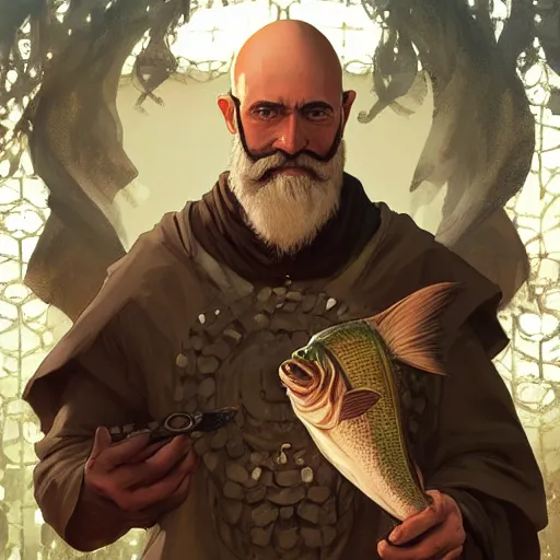 Prompt: wow! fanart young black bearded and bald man with a fish in his hand, d & d, high fantasy, detailed, digital art, artstation, smooth, sharp focus, art by artgerm, greg rutkowski, alphonse mucha