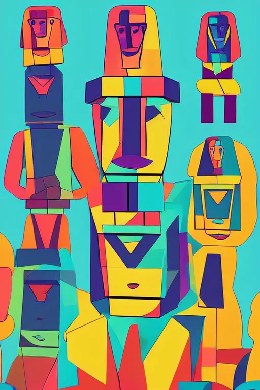 Image similar to cubist moai statue cutout digital illustration cartoon colorful beeple