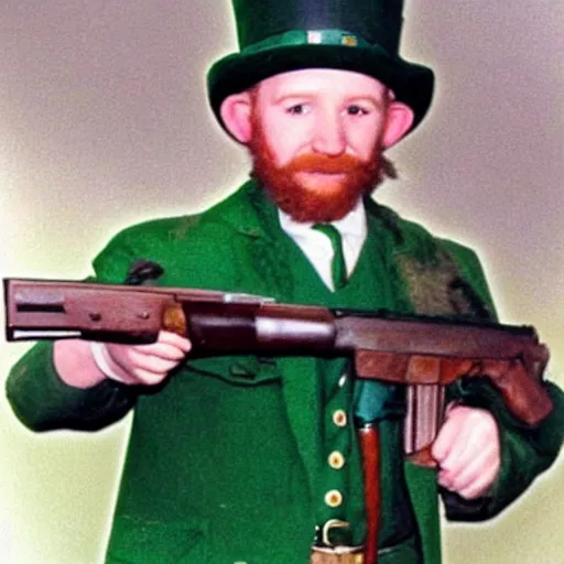 Image similar to leprechaun in the ira, historical photograph, restored, gun, irish, terrorism