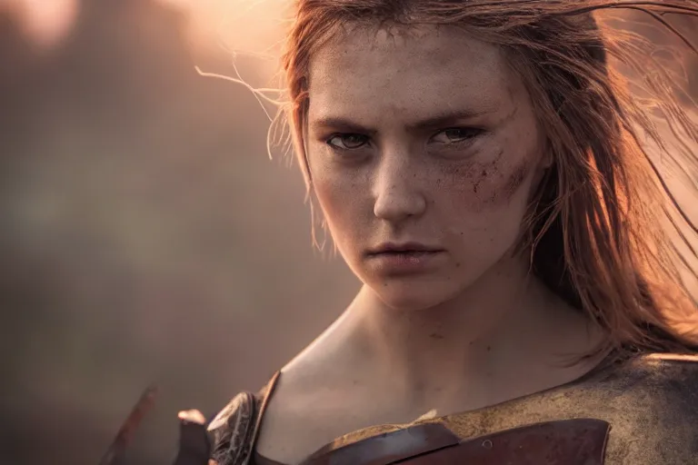 Image similar to close - up photo of a beautiful warrior princess in a battle scene, shallow depth of field, photorealistic, cinematic lighting, warm colours, dusk