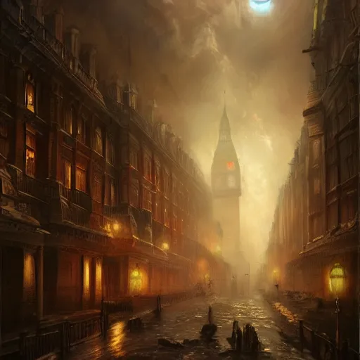 Image similar to 1850's London, dreamscape, dramatic lighting, fantasy art illustration, trending on artstation, Aetherpunk