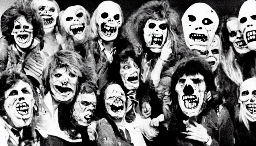 Image similar to a 1 9 8 0's horror movie where angry mob wears a celebrety faces as halloween mask