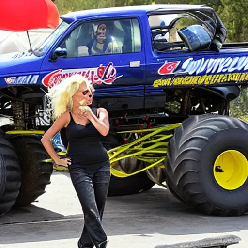 Image similar to pamela anderson driving a monster truck over coke cans