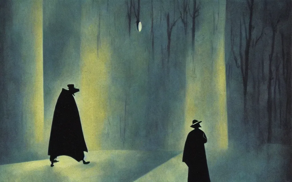 Image similar to high quality high definition colorized movie still from The Cabinet of Doctor Caligari: a lonely ghost walking alone at night in the woods, high quality oil painting, iridescent color palette