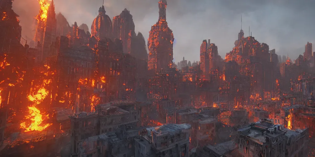 Image similar to inferno city, unreal 5, hyperrealistic, realistic, photorealistic, dynamic lighting, highly detailed, cinematic landscape, studio landscape, studio lighting