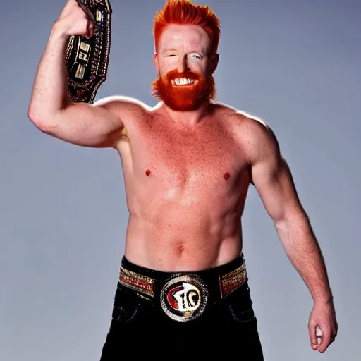 Prompt: Sheamus posing with his champion belt for a magazine photo