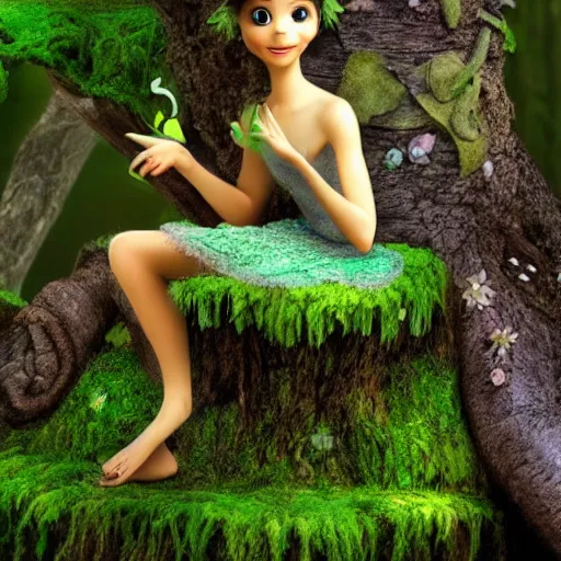 Image similar to fairy sitting on moss covered stump, from the jungle book, disney animation, extremely detailed