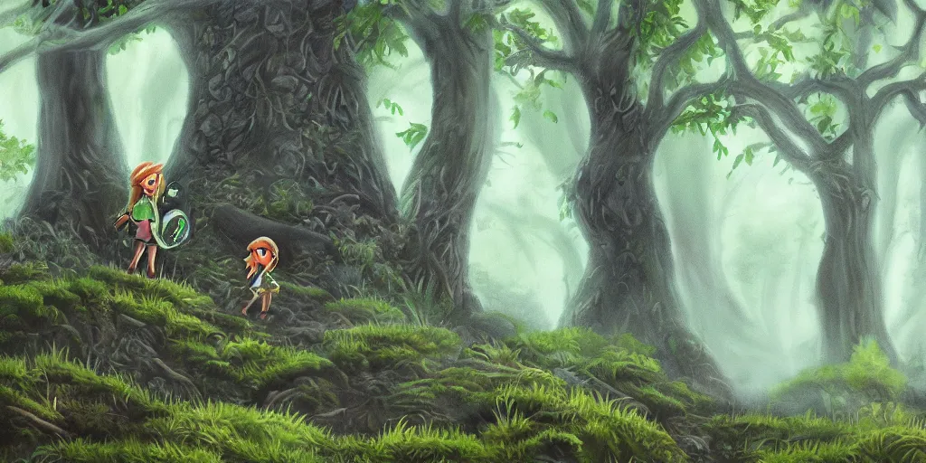 Prompt: painting of young link and tatl entering an old!!! forest temple full of green trees and plants, under a gray foggy sky