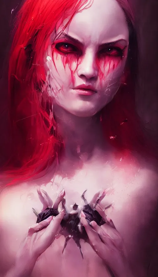 Image similar to shot of fiesty girl with pouty aerochrome ( ( ( lips ) ) ), powerful, adorable, expressive eyes, big evil grin, kawaii playful pose of a dancer, greg rutkowski, charlie bowater, yuumei, stephen gammell, unreal 5, daz, hyperrealistic, dark, dynamic lighting, fantasy art, beautiful face