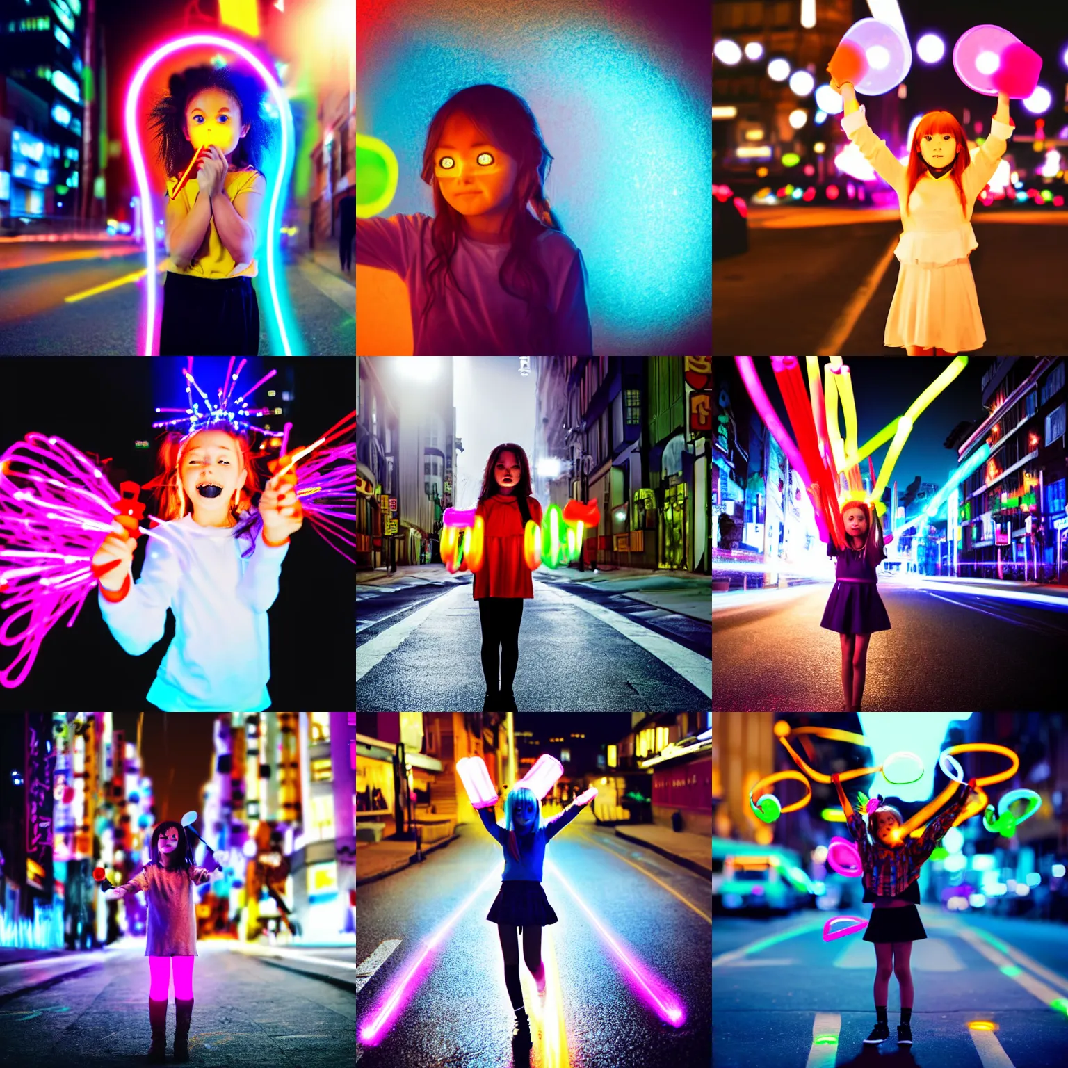 Prompt: anime slow shutter speed anime portrait of curious cartoon girl standing in city street waving glow sticks.