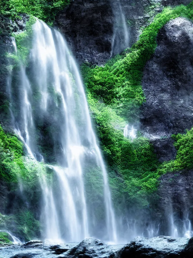 Image similar to concept art of waterfall cascading onto rocks, small rainbow emerging in background, ethereal, beautiful scenery, intricately meticulously detailed, amazing, glitter, 8 k render octane high definition