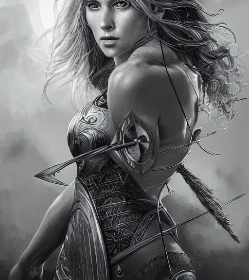 Image similar to portrait of beautiful aphrodite goddess as an archer warrior, arrow, beautiful piercing eyes, flowing blonde hair, realistic face, black and white drawing, in the style of greg rutkowski, fantasy, amazing detail, epic, intricate, elegant, smooth, sharp focus