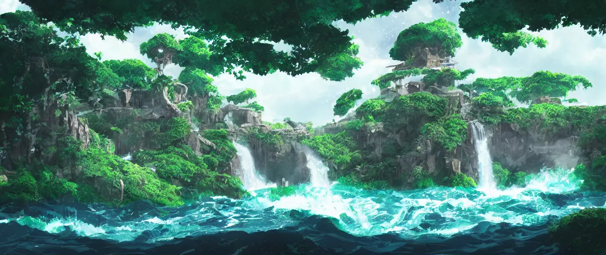 Image similar to a small crumbling island with waterfalls flowing off the island, floating in space, studio ghibli, digital art, detailed, depth of field