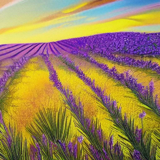 Prompt: painting of lavender field, highly detailed, golden hour