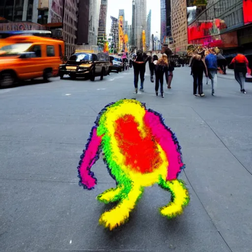Image similar to a creature made of crayon scribbles walking around the real world in new york in broad daylight
