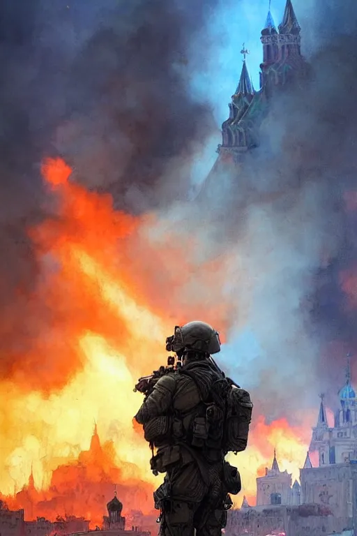 Image similar to special forces soldier with ukrainian blue and yellow patch on the foreground watching red square burn in the background, d & d, fantasy, bright atmosphere, volumetric lights, intricate, elegant, extremely detailed, digital painting, artstation, concept art, matte, smooth, sharp focus, hyper realistic, illustration, art by artgerm and greg rutkowski and alphonse mucha