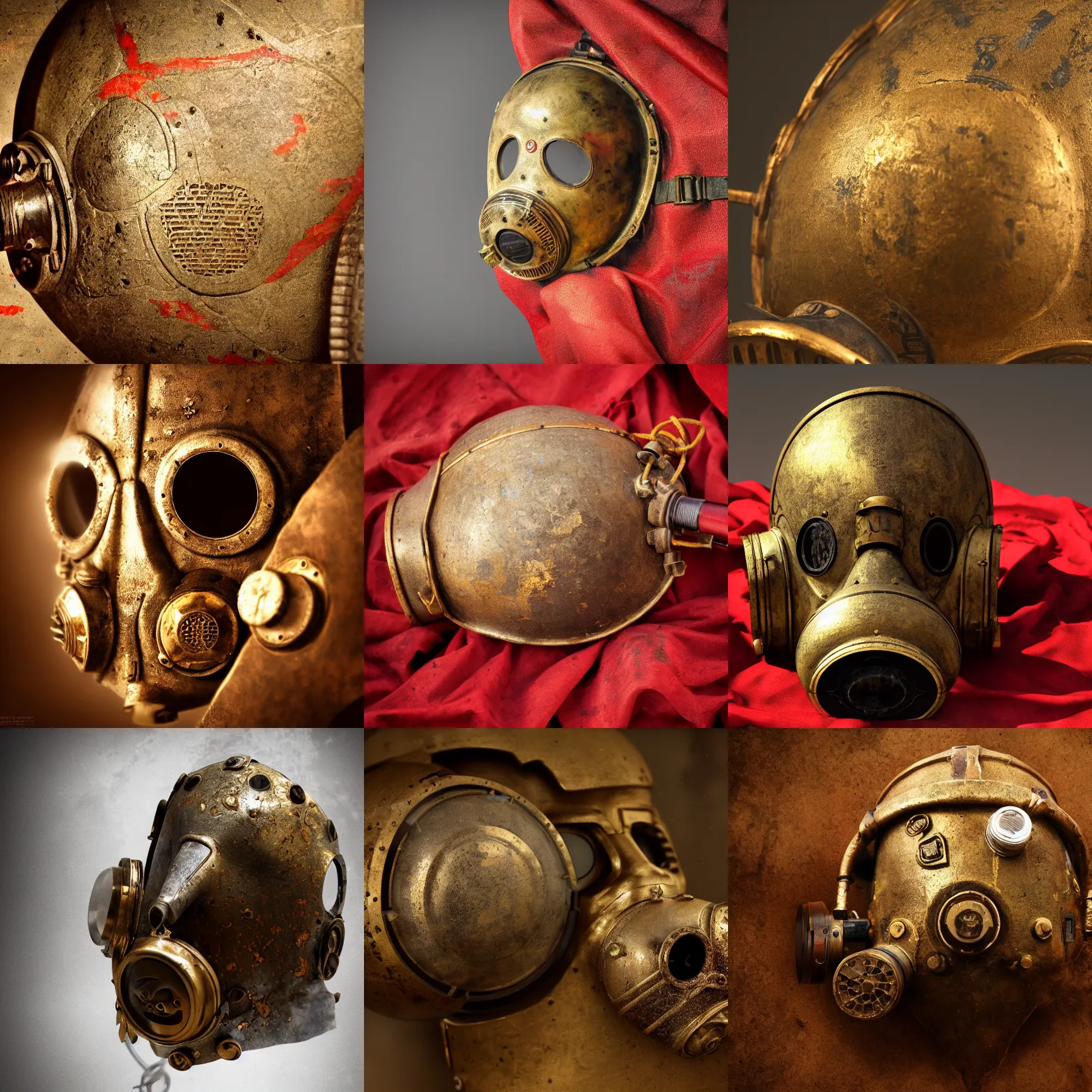 Prompt: ancient roman gas mask, dirty old golden metal, etched inscriptions, red cloth, splash art, movie still, cinematic lighting, dramatic, octane render, long lens, shallow depth of field, bokeh, anamorphic lens flare, 8k, hyper detailed, 35mm film grain