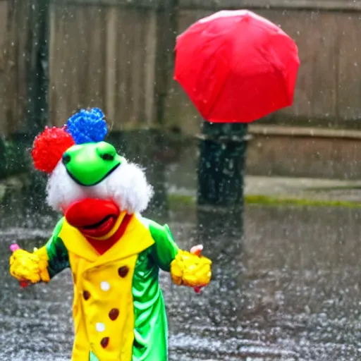 Prompt: clown dAncing with a frog in the rain