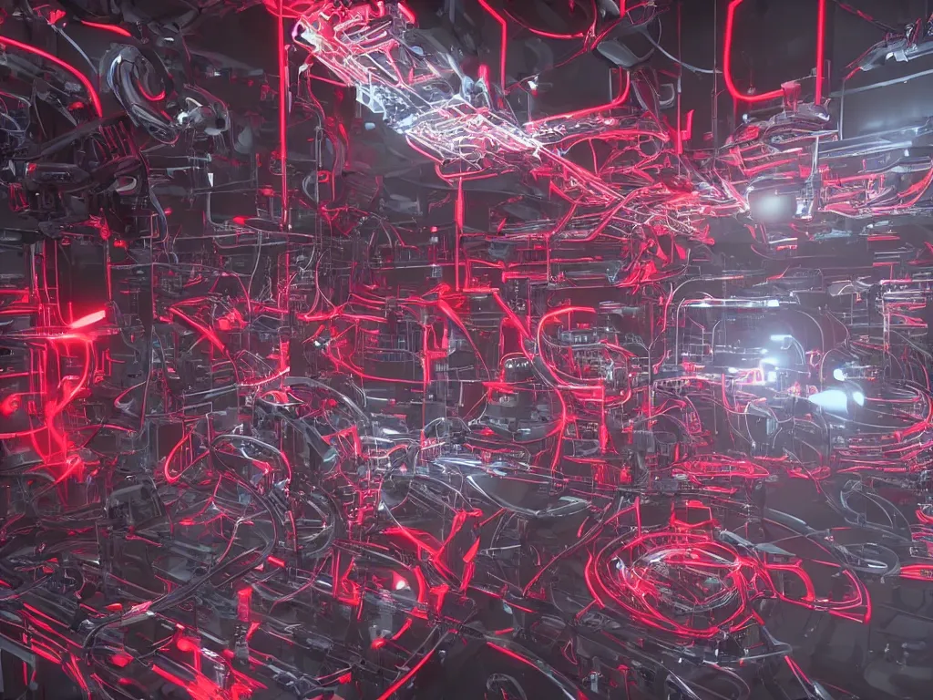 Prompt: Visualization of a typical Autechre song, mechanical, metal, machinery, robots, red lights, 8k