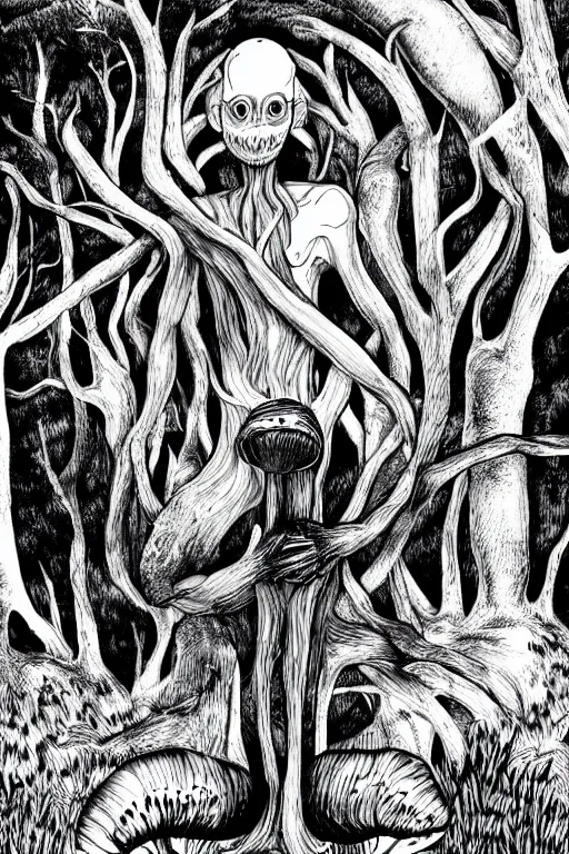 Image similar to black and white illustration, creative design, body horror, forest mushroom man