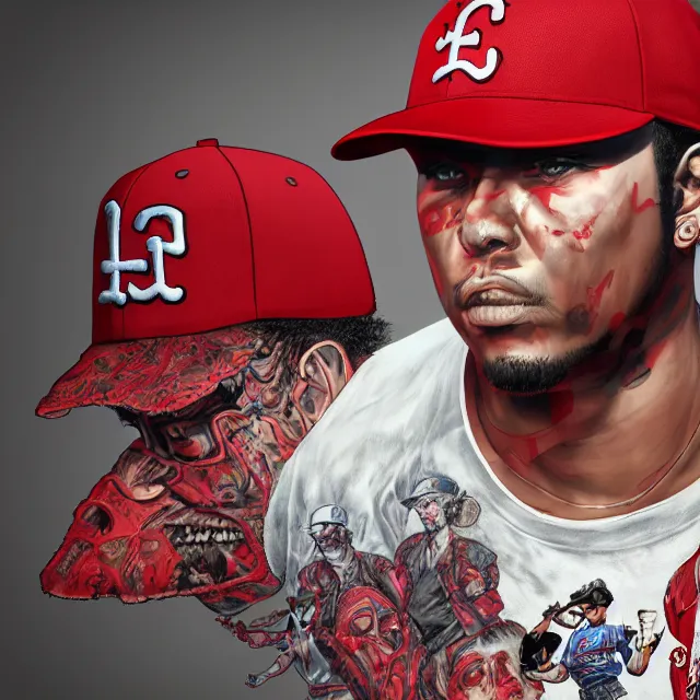 Image similar to the portrait of chaotic neutral los angeles blood's gang member wearing a red dodgers baseball cap, an ultrafine hyperdetailed illustration by kim jung gi, irakli nadar, intricate linework, bright colors, octopath traveler, final fantasy, unreal engine 5 highly rendered, global illumination, radiant light, detailed and intricate environment