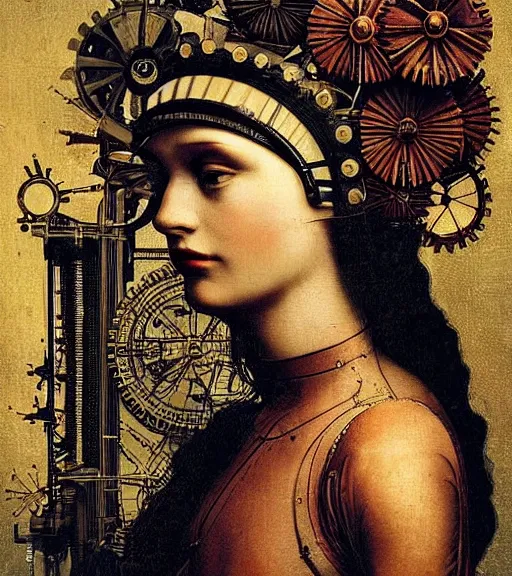 Image similar to portrait of a beautiful young cyborg woman with a big steampunk flower crown and part mechanical face , Metropolis, by Leonardo Da Vinci in the style of Man Ray