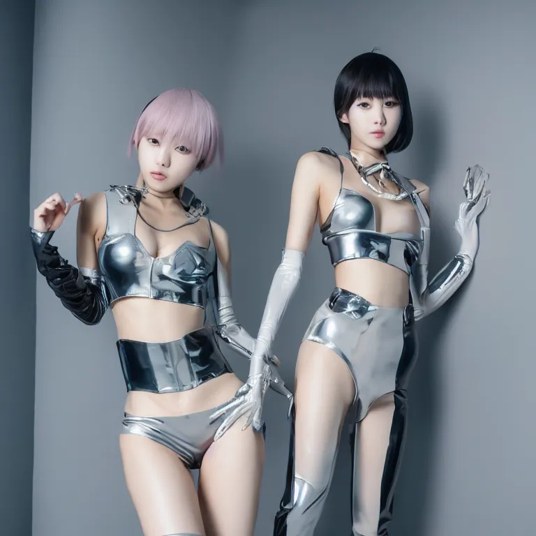 Prompt: kpop idol fashionable neotenous girls, latex and futuristic attire, 4 k, portra 4 0 0