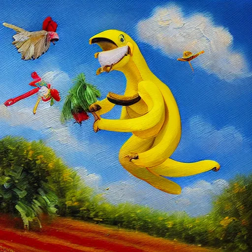 Prompt: oil painting impressionist stopwatch and banana flying through the air, flies, whimsical, detailed,