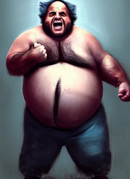 Image similar to Portrait of Fat Danny Devito with his belly sticking out as The Wolverine (2013), Hes screaming at the rain in the middle of the night road on his knees. He has Wolverine Claws on both hands, He has pants, realistic, detailed, 4k by Greg Rutkowski Mark Arian trending on artstation