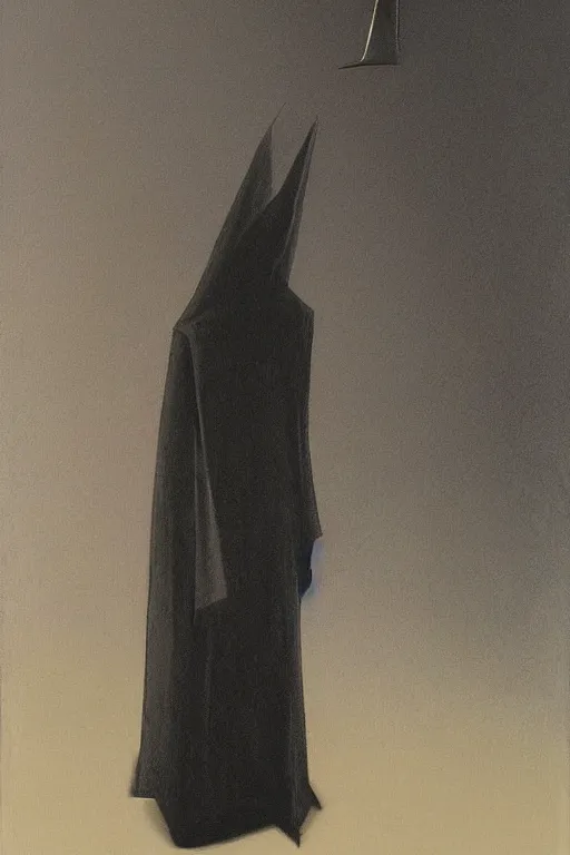 Prompt: dark figure with paper bag over the head and sword in the style of Edward Hopper and Francis Bacon and James Gilleard, Zdzislaw Beksinski, highly detailed