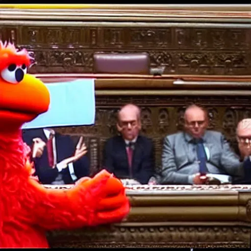 Image similar to Elmo speaking in british parliament while everything is burning around him